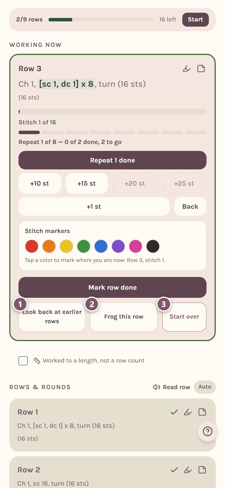 Row 3 in the Working now card: 1 is Look back at earlier rows, 2 is Frog this row, 3 is Start over (on a phone)