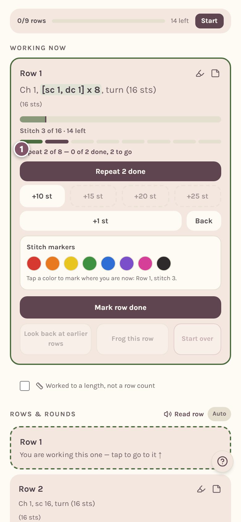 After one repeat, the card reads Repeat 2 of 8, marked 1 (on a phone)