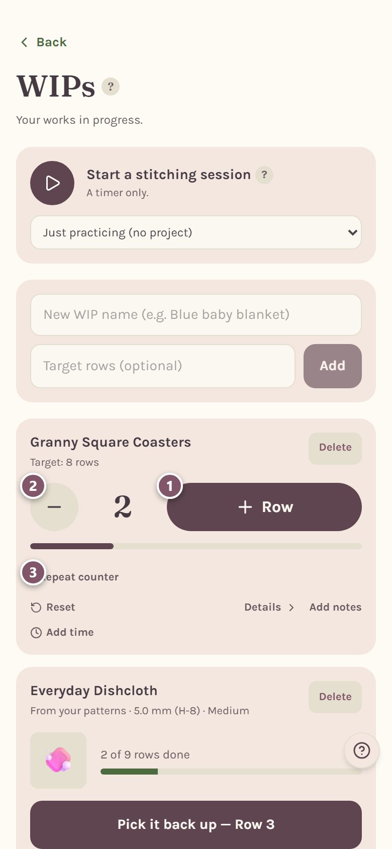 A simple counter for Granny Square Coasters: 1 is + Row, 2 is minus one row, 3 is + Repeat counter (on a phone)
