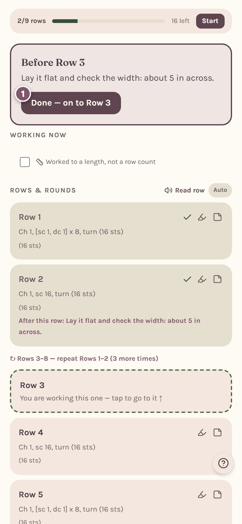 The Before Row 3 stop, asking you to check the width, with Done — on to Row 3 marked 1 (on a phone)