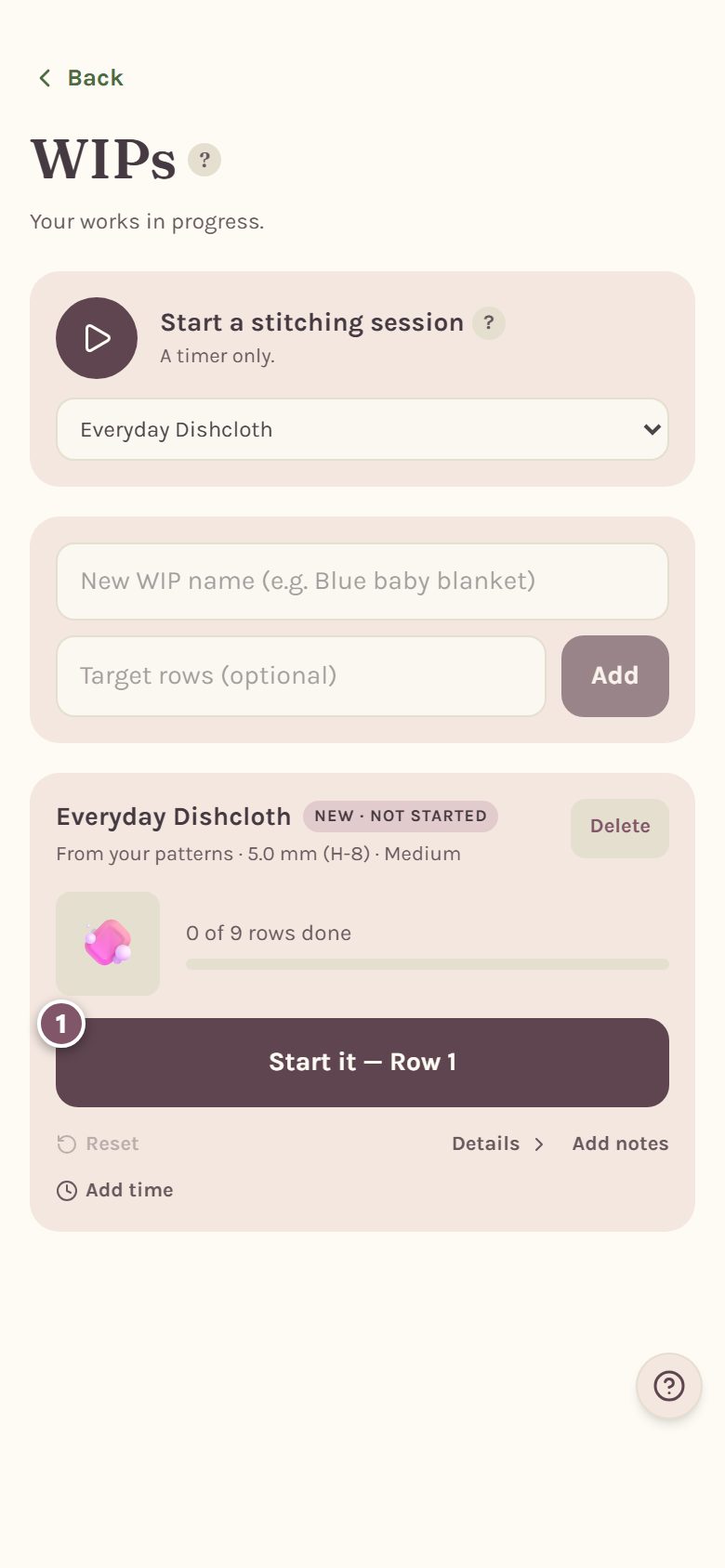 The pattern's card on the WIPs page, with Start it — Row 1 marked 1 (on a phone)