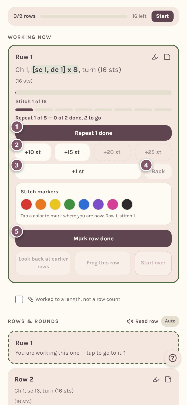 The Working now card for Row 1: 1 is Repeat 1 done, 2 is +10 st, 3 is +1 st, 4 is Back, 5 is Mark row done (on a phone)