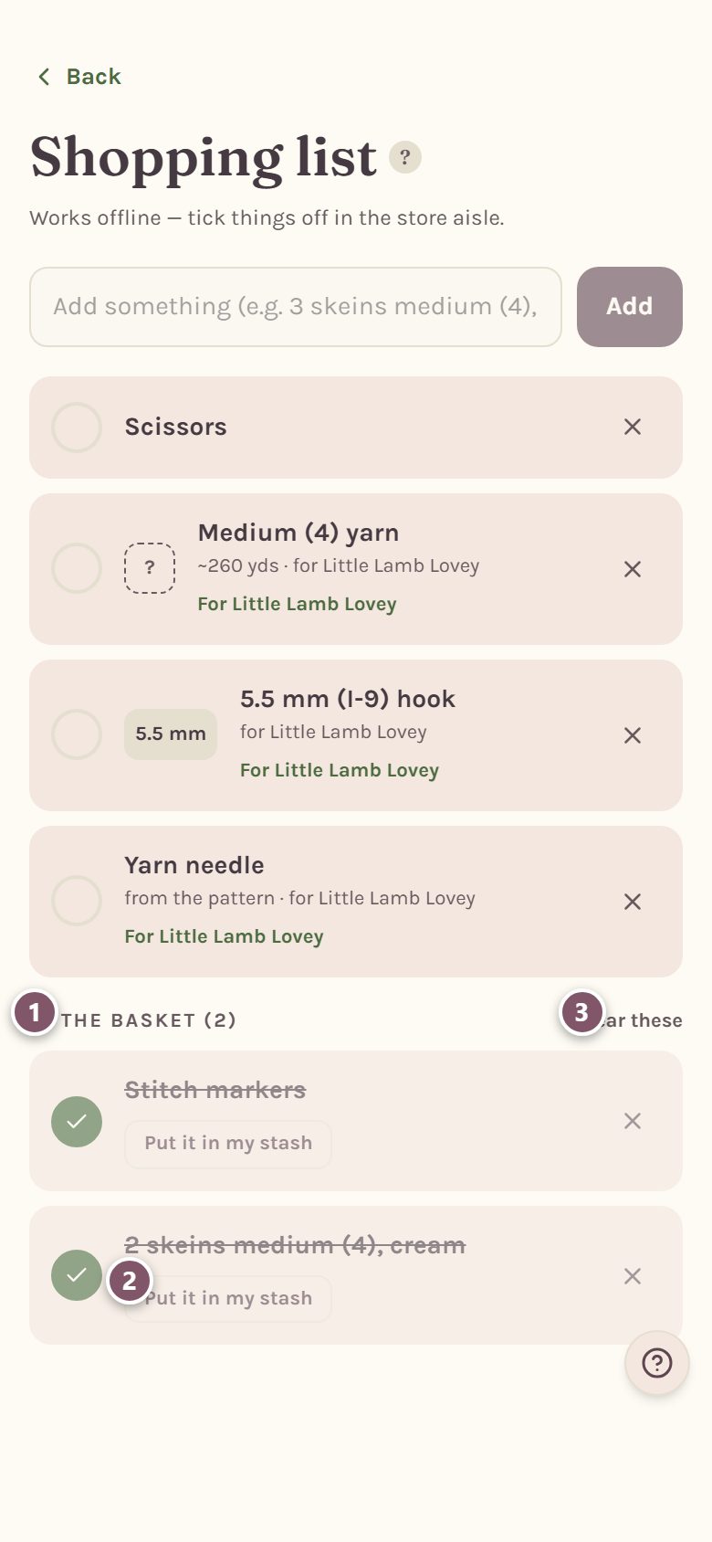 In the basket: 1 is the basket heading, 2 is Put it in my stash, 3 is Clear these (on a phone)