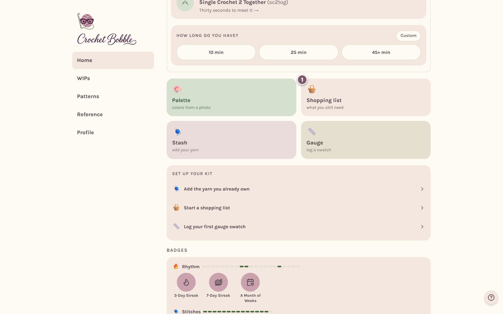 The four tool tiles on Home, with the Shopping list tile marked 1 (on a computer)