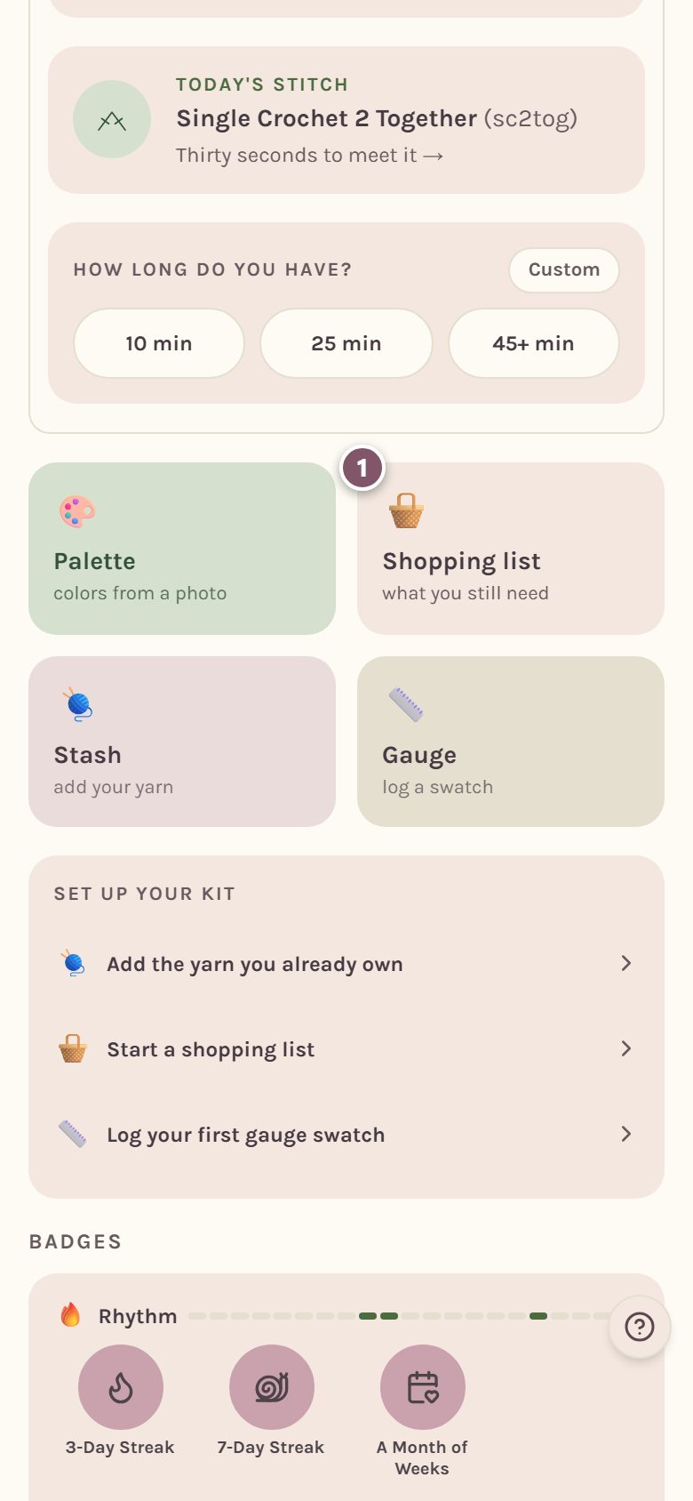 The four tool tiles on Home, with the Shopping list tile marked 1 (on a phone)