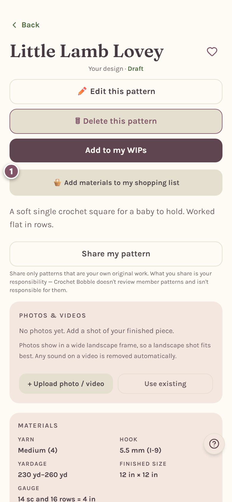 A pattern page, with Add materials to my shopping list marked 1 (on a phone)