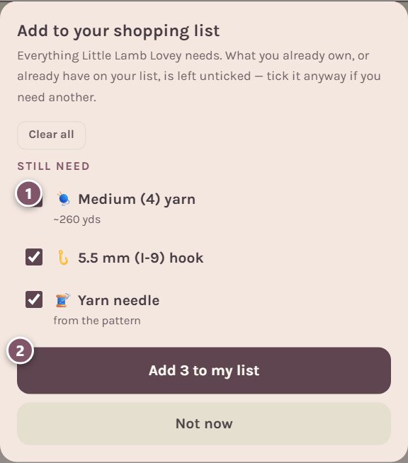 Add to your shopping list: 1 is a material to tick or untick, 2 is the Add button (on a computer)