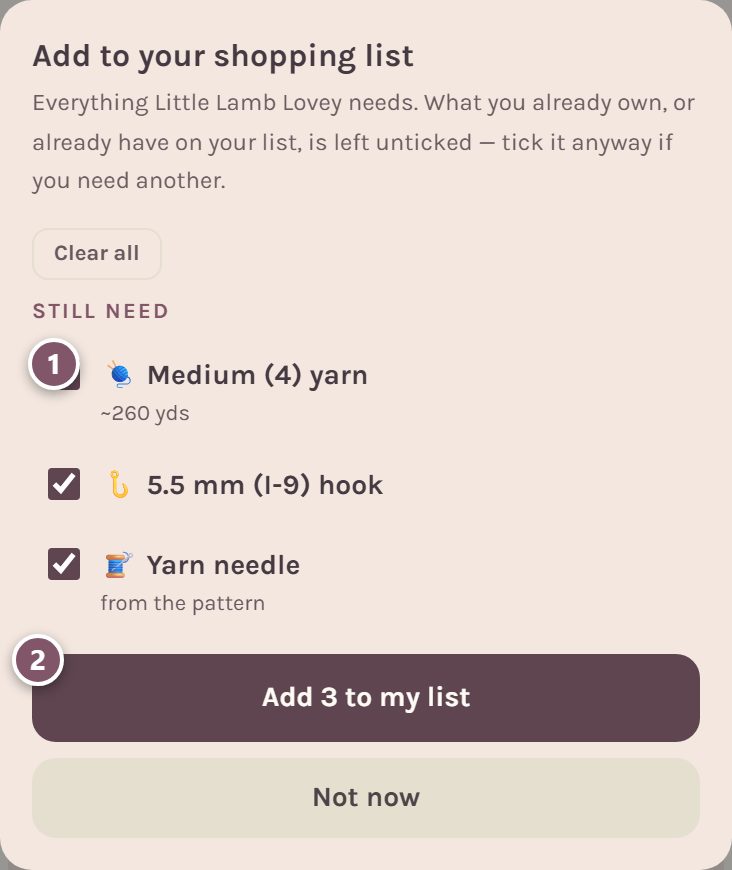 Add to your shopping list: 1 is a material to tick or untick, 2 is the Add button (on a phone)