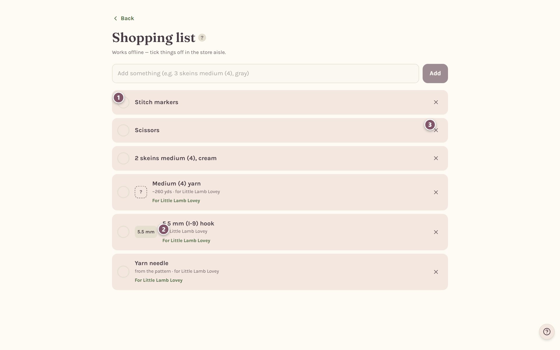 The list: 1 ticks an item off, 2 names the pattern an item is for, 3 removes an item (on a computer)