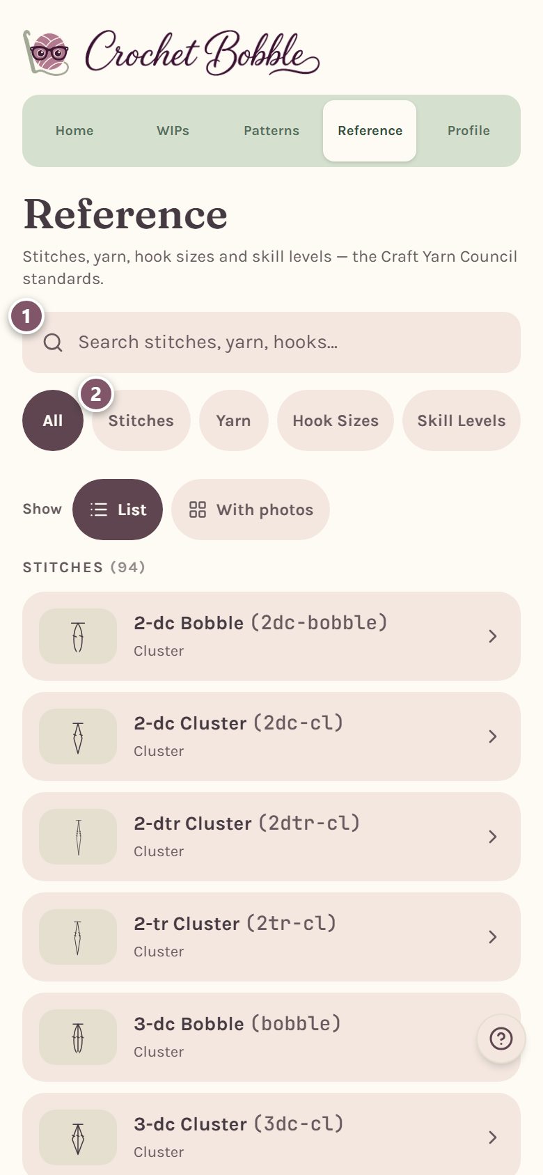The Reference tab: 1 is the search box, 2 is the Stitches filter (on a phone)