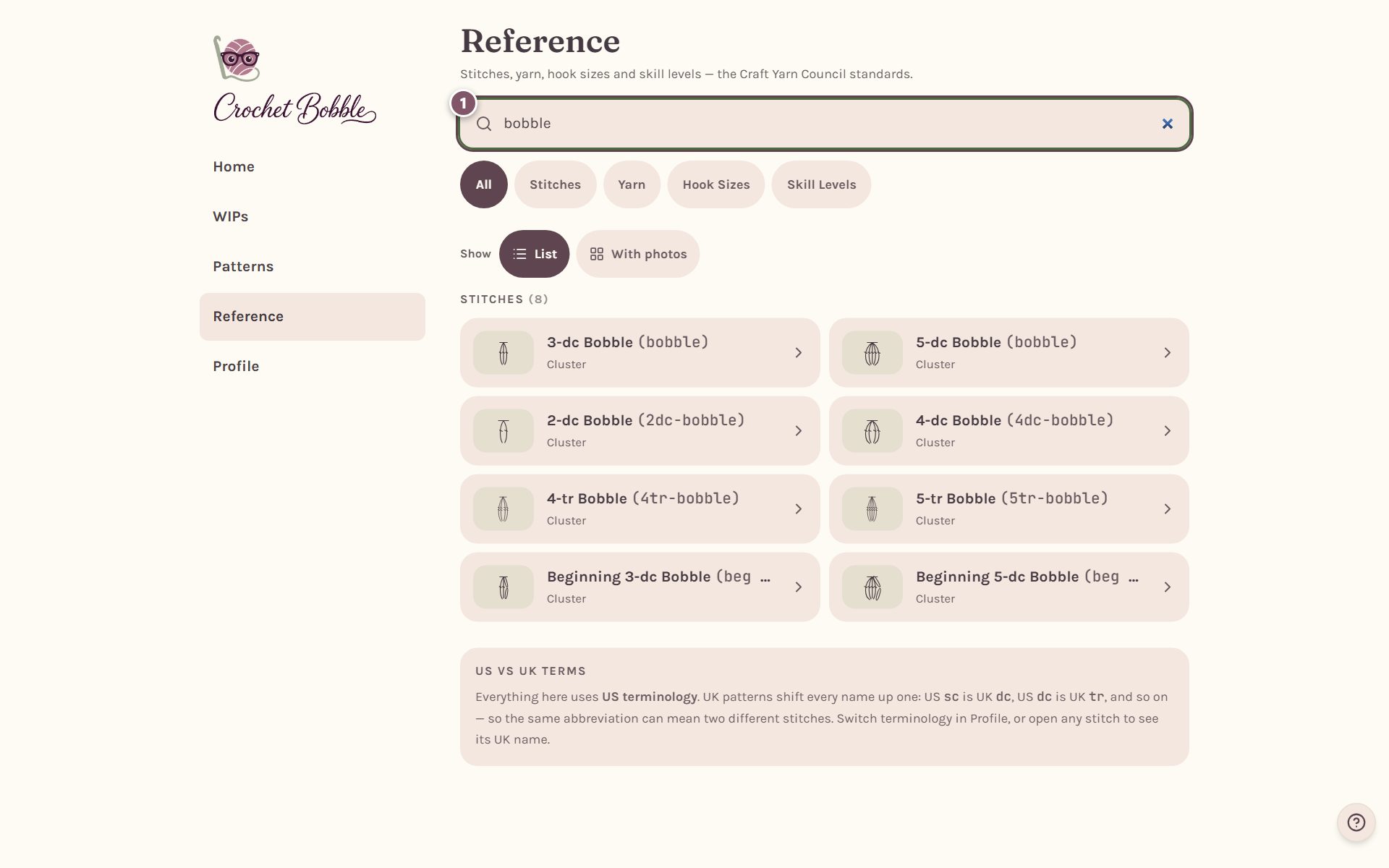 A search for bobble, marked 1, with the matching bobble stitches listed below (on a computer)