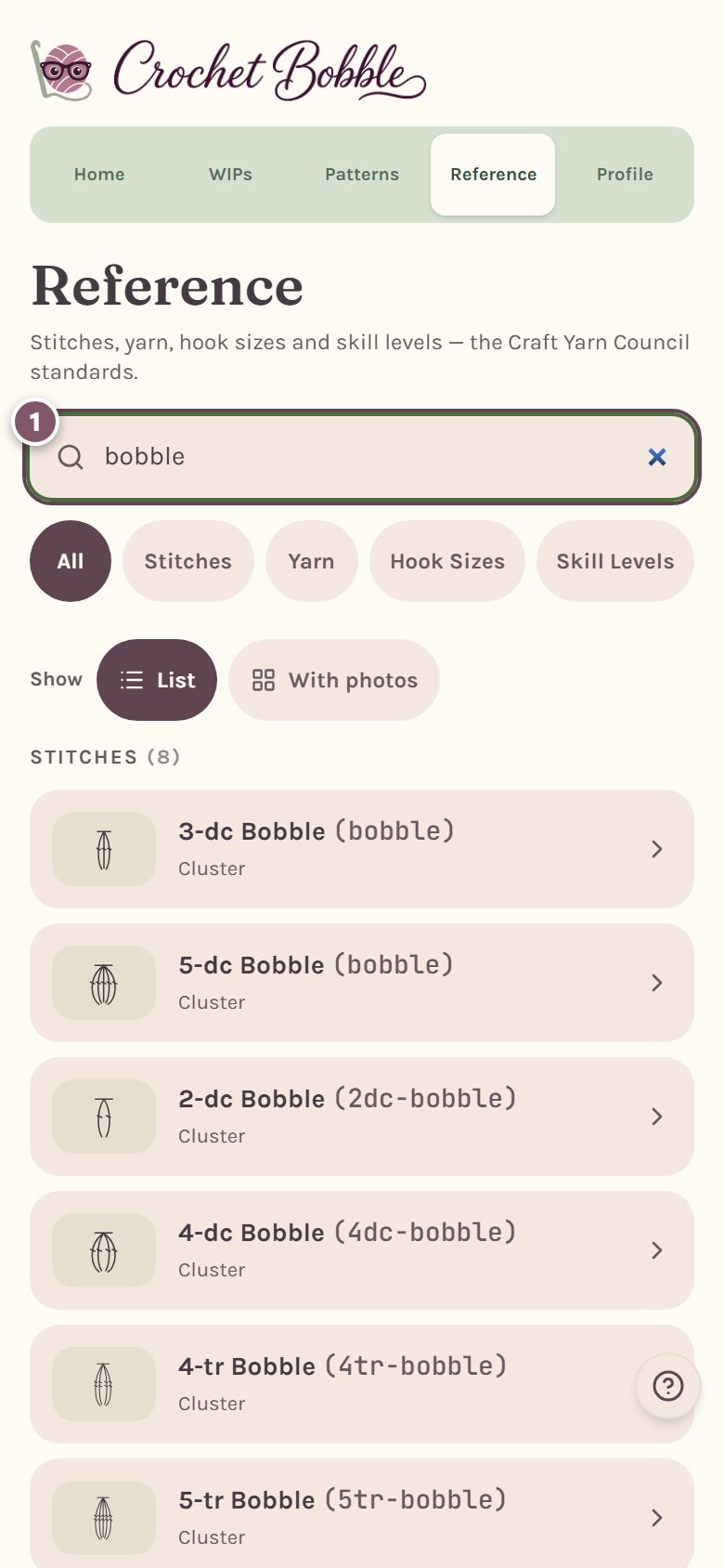 A search for bobble, marked 1, with the matching bobble stitches listed below (on a phone)