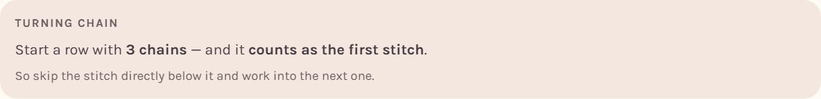 The turning chain for a double crochet: start a row with 3 chains, and they count as the first stitch (on a computer)