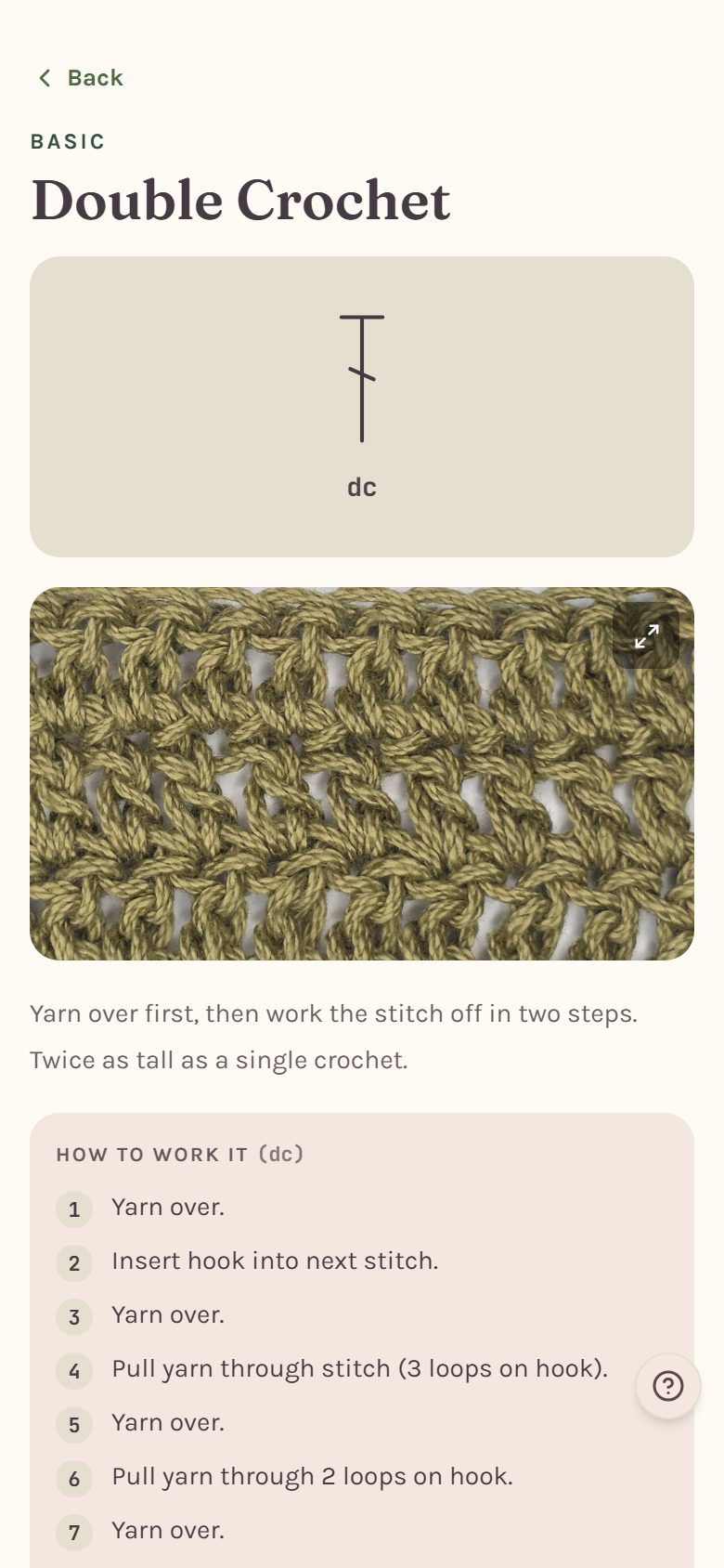 The Double Crochet page, with its chart symbol, a photo of the fabric and the first steps of how to work it (on a phone)