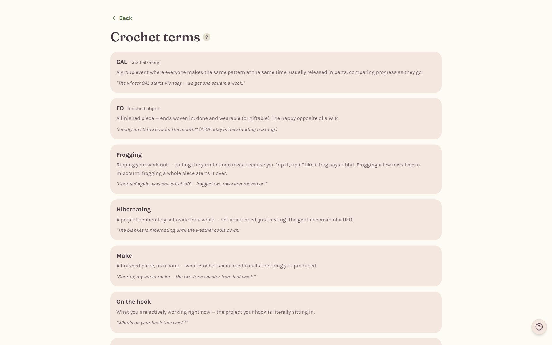 Crochet terms, with the words crocheters use and what they mean (on a computer)