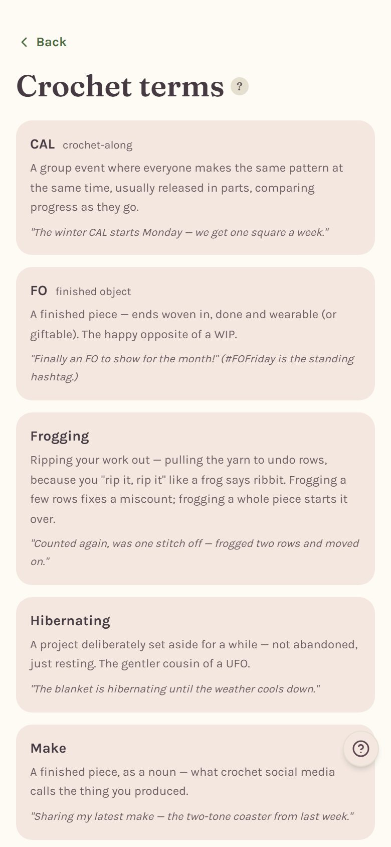 Crochet terms, with the words crocheters use and what they mean (on a phone)