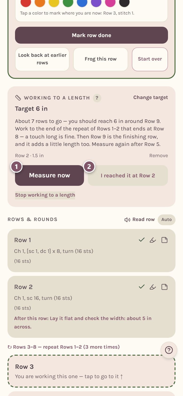 The estimate, "About 7 rows to go", with your saved measurement: 1 is Measure now, 2 is I reached it at Row 2 (on a phone)