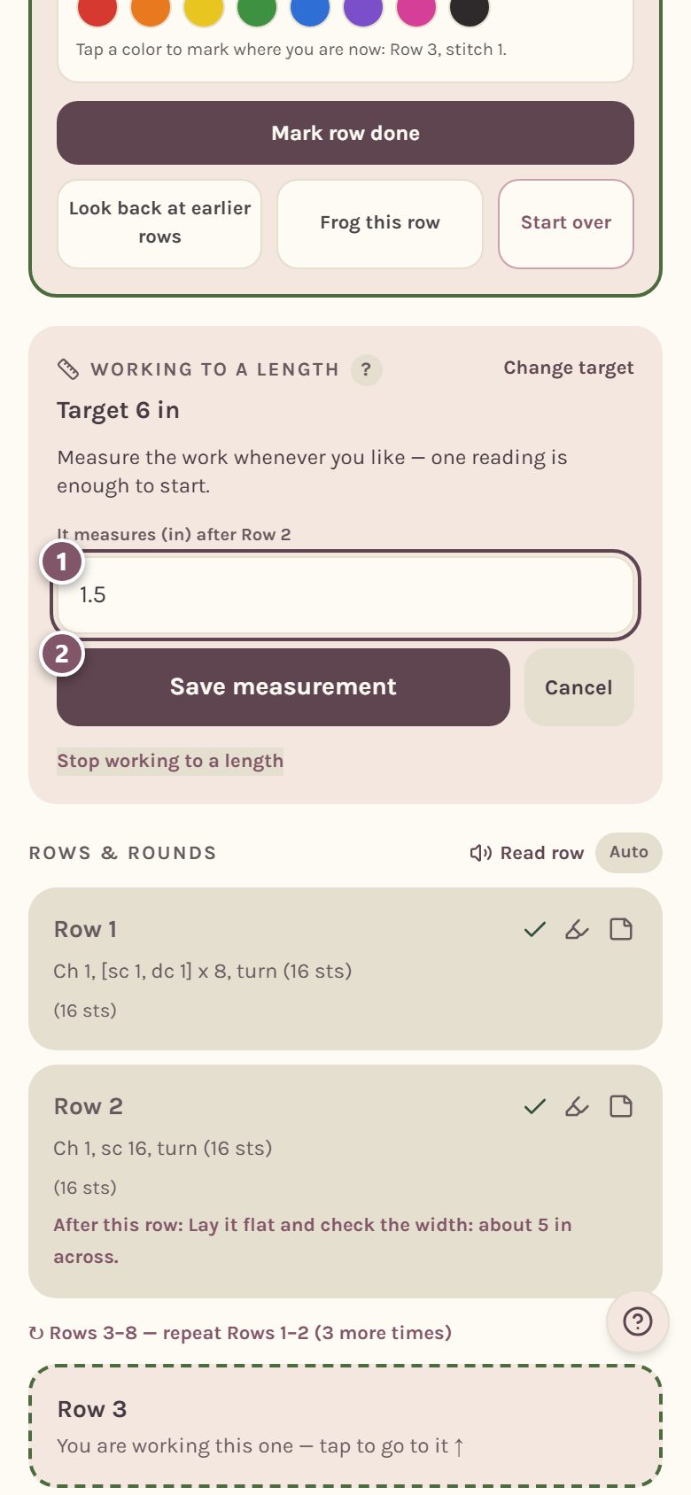 Measuring after Row 2: 1 is the measurement box, 2 is Save measurement (on a phone)