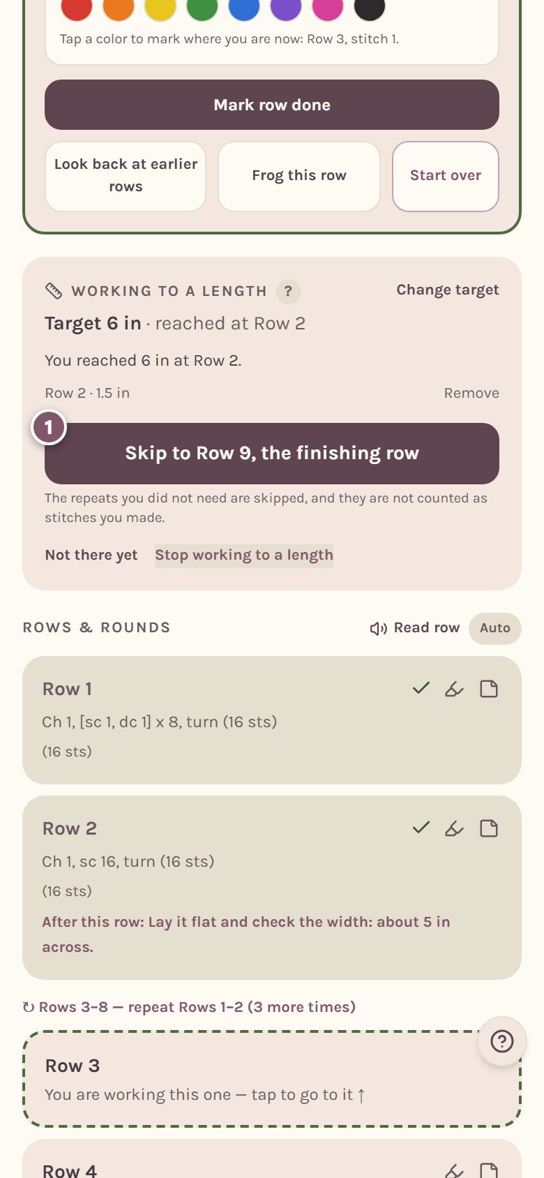 The Skip to the finishing row button, marked 1 (on a phone)