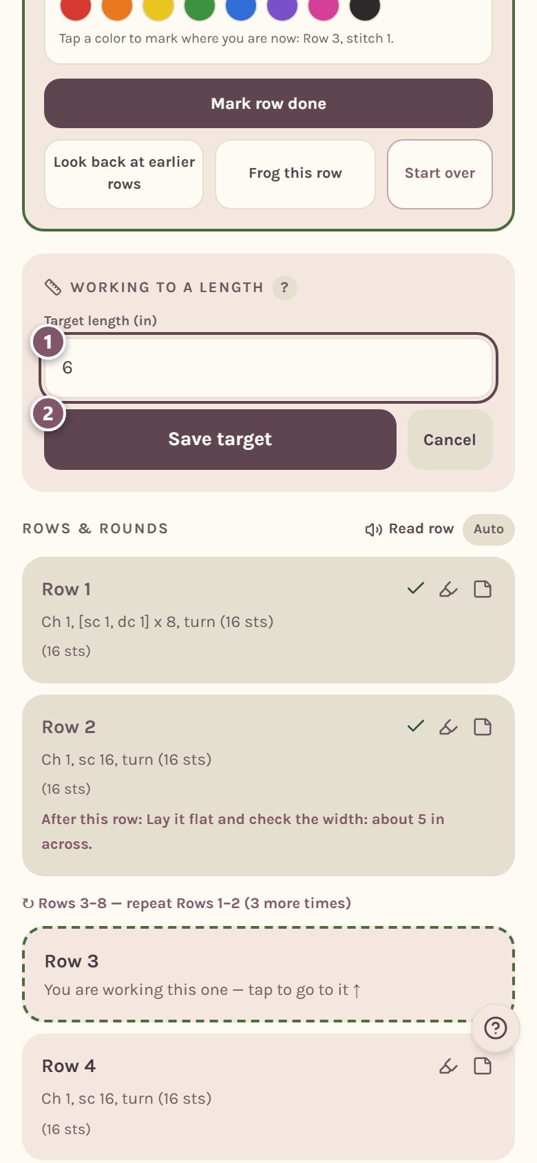 The Working to a length card: 1 is the Target length box, 2 is Save target (on a phone)