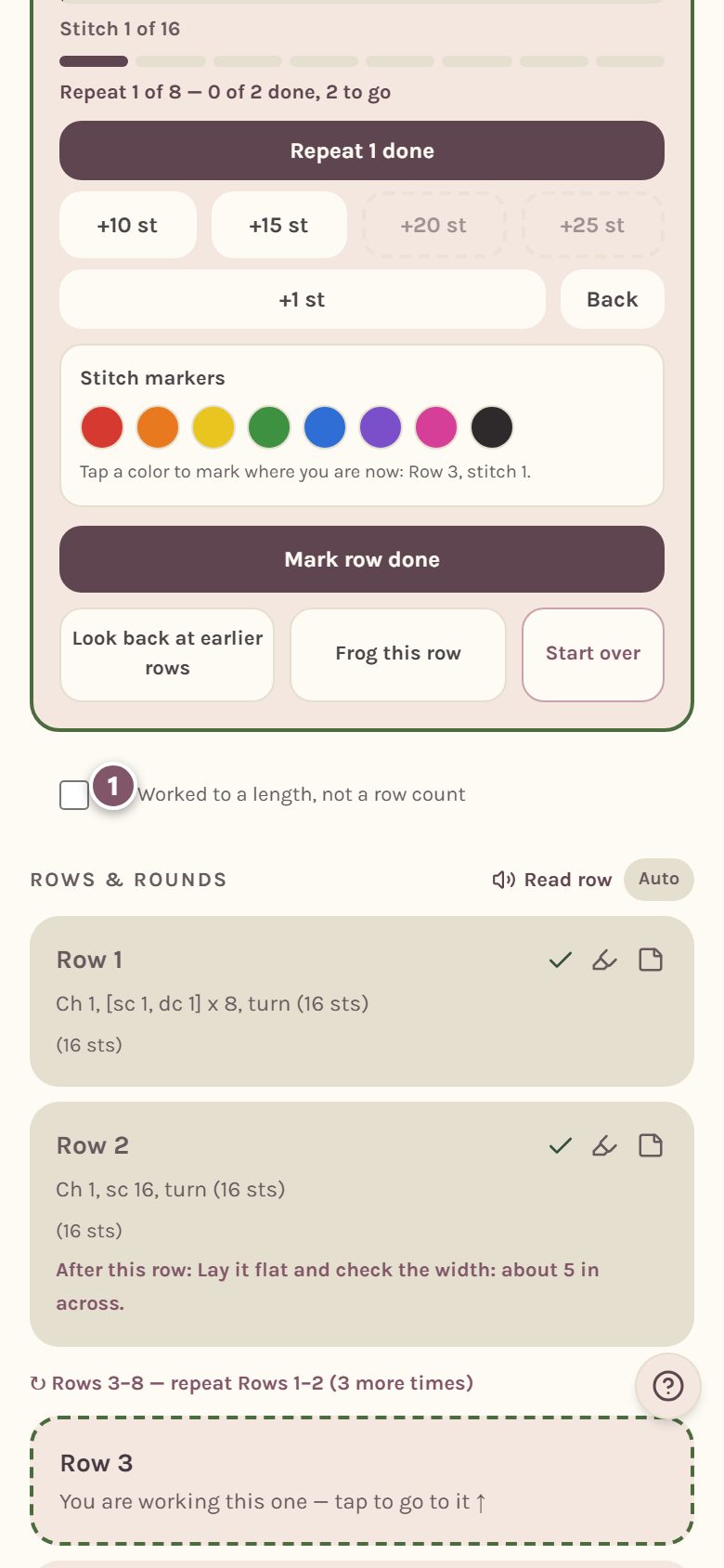 The Worked to a length, not a row count checkbox under the tracker, marked 1 (on a phone)