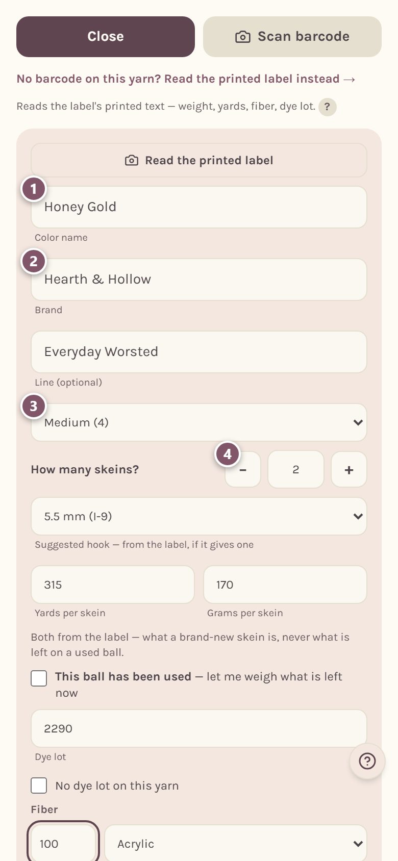 The top of the add-a-yarn form: 1 is the color name, 2 is the brand, 3 is the yarn weight, 4 is the number of skeins (on a phone)