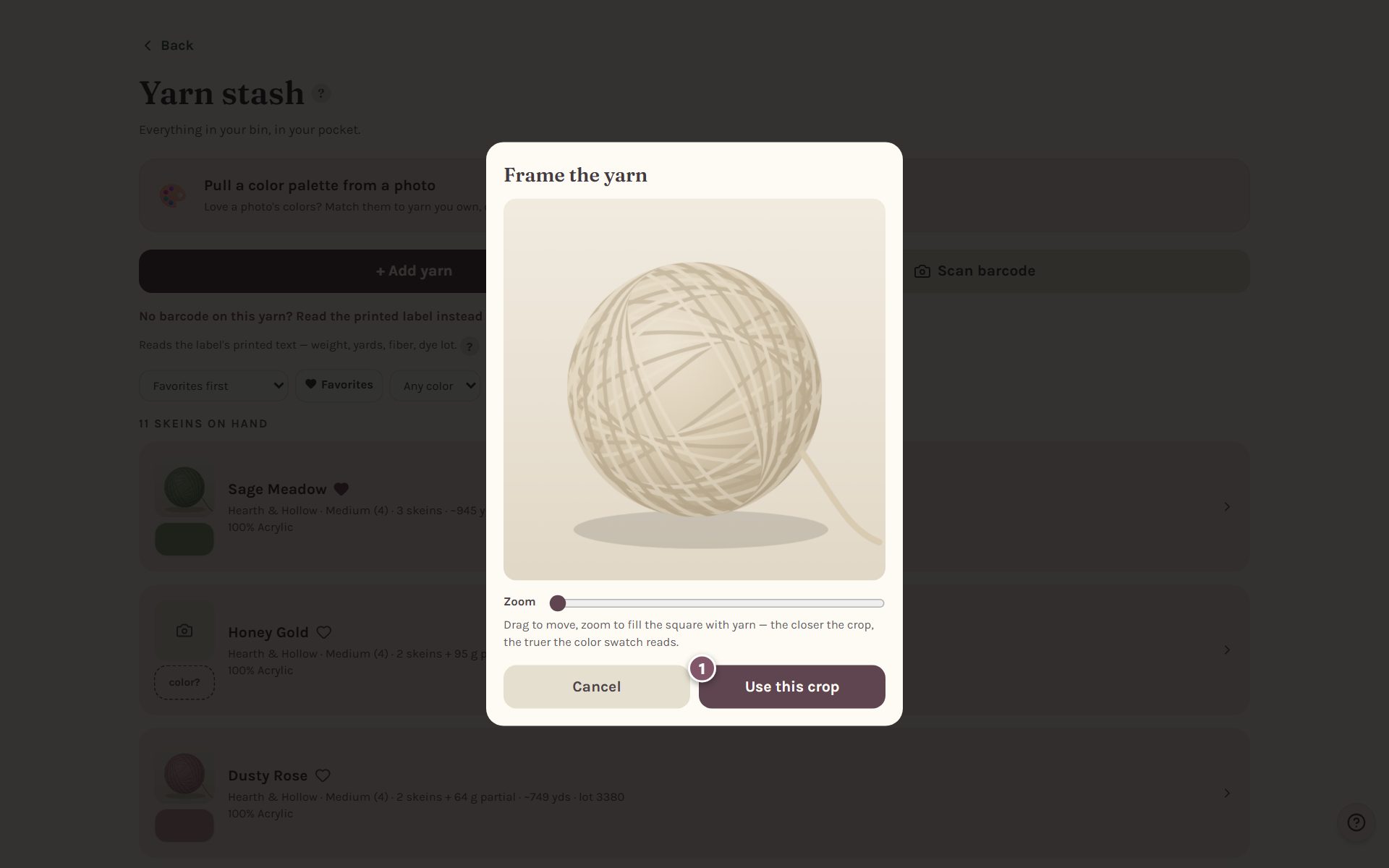 Frame the yarn: a ball of yarn inside the square, with Use this crop marked 1 (on a computer)