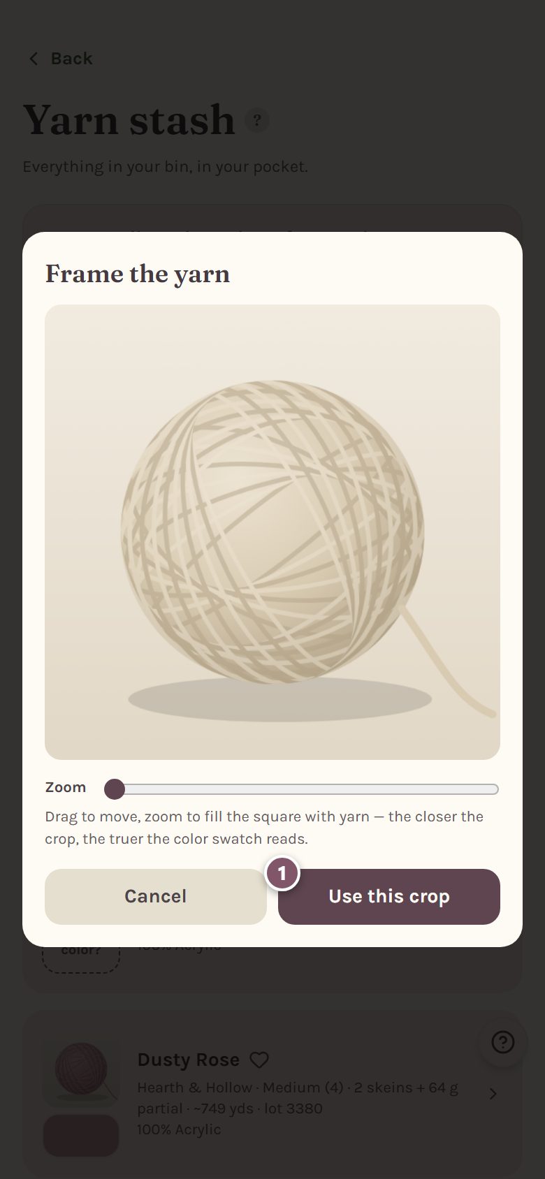 Frame the yarn: a ball of yarn inside the square, with Use this crop marked 1 (on a phone)