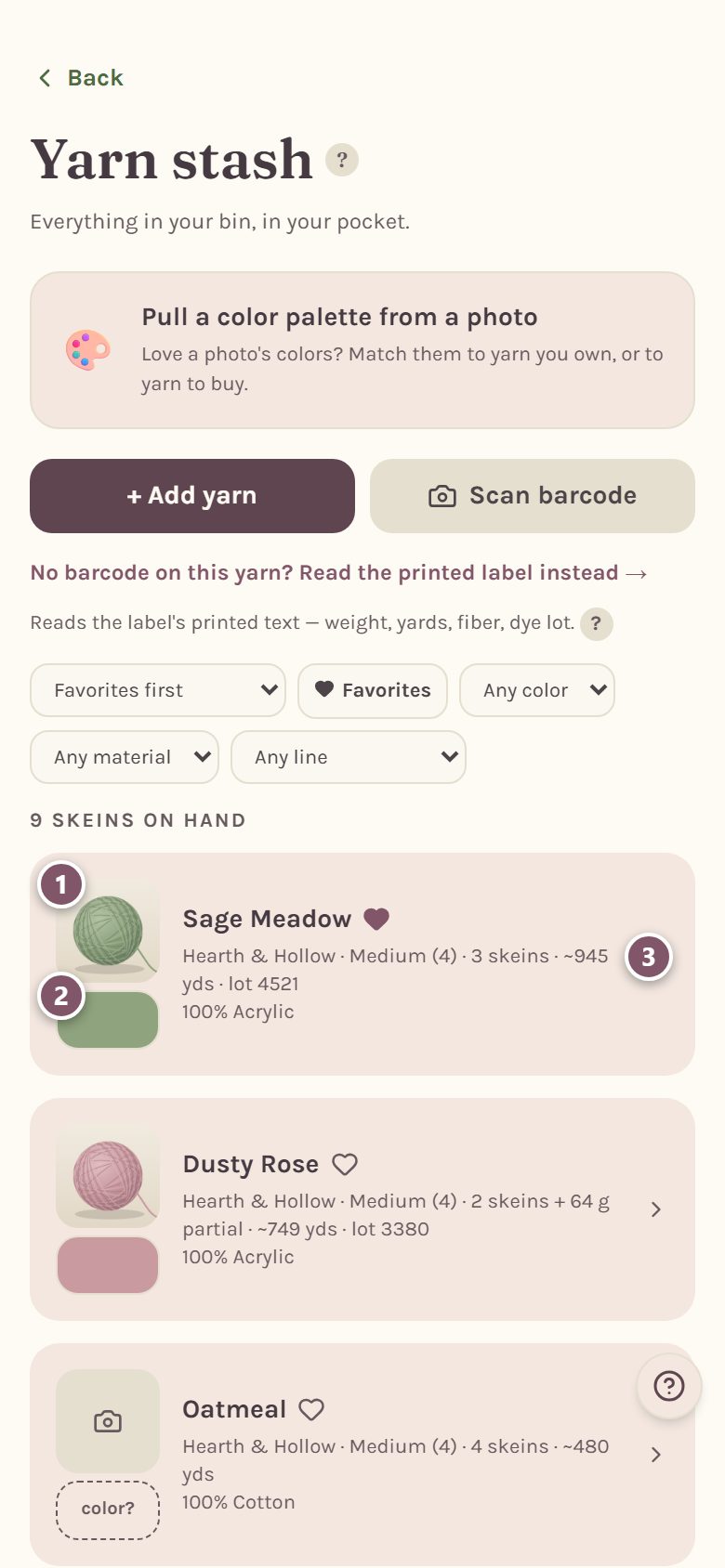 The stash with three yarns: 1 is a yarn's photo, 2 is its color, 3 opens its details (on a phone)