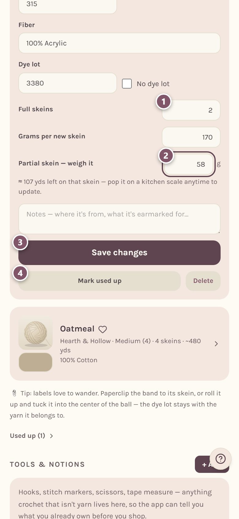 A yarn's details: 1 is Full skeins, 2 is Partial skein, 3 is Save changes, 4 is Mark used up (on a phone)