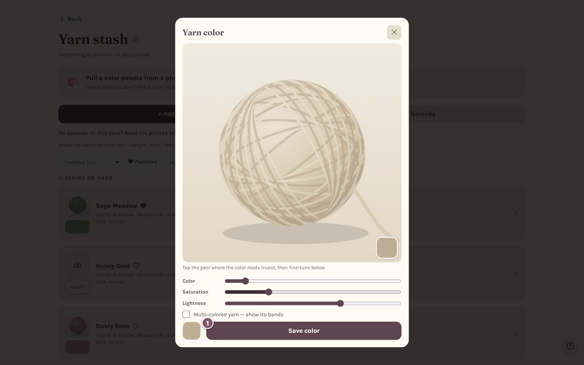 The Yarn color window, with the photo, three sliders and Save color marked 1 (on a computer)