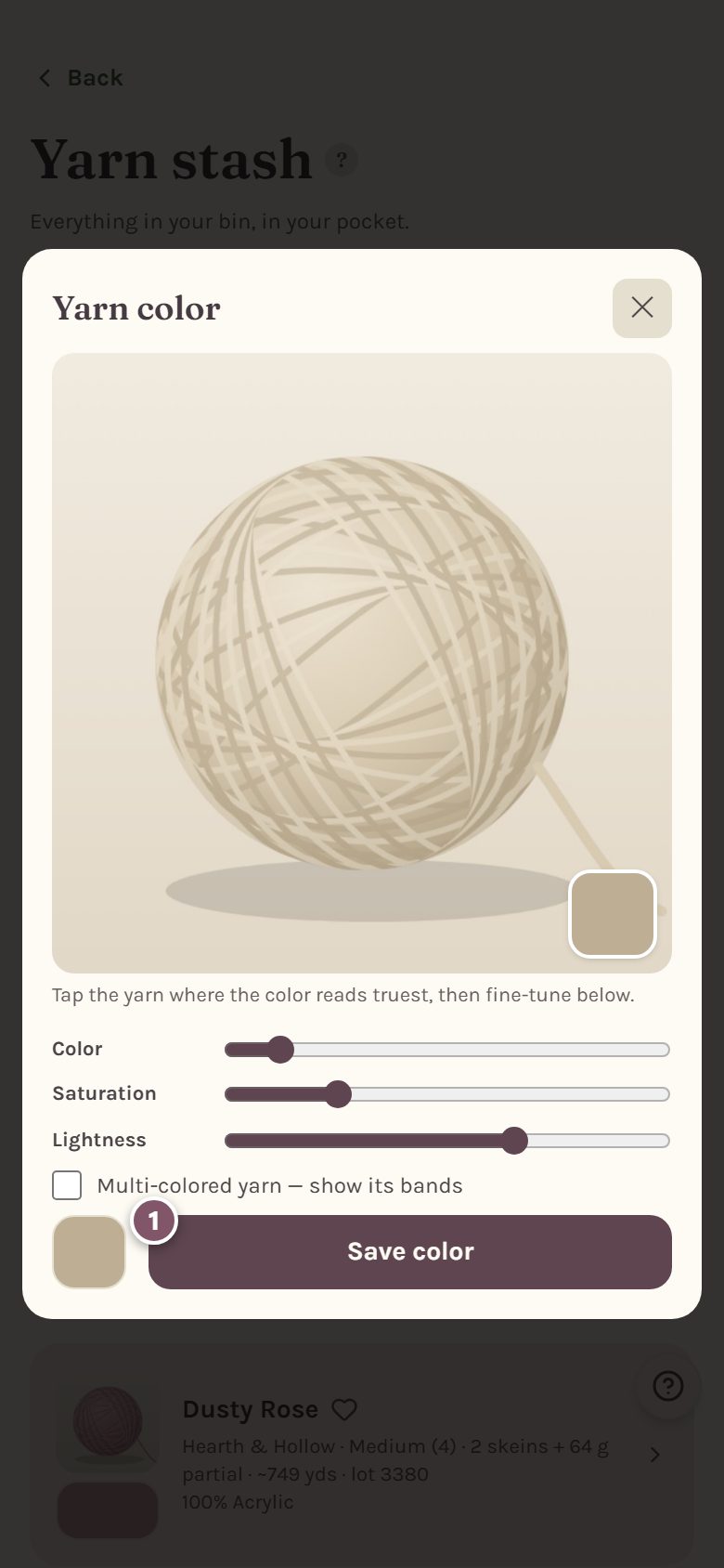 The Yarn color window, with the photo, three sliders and Save color marked 1 (on a phone)