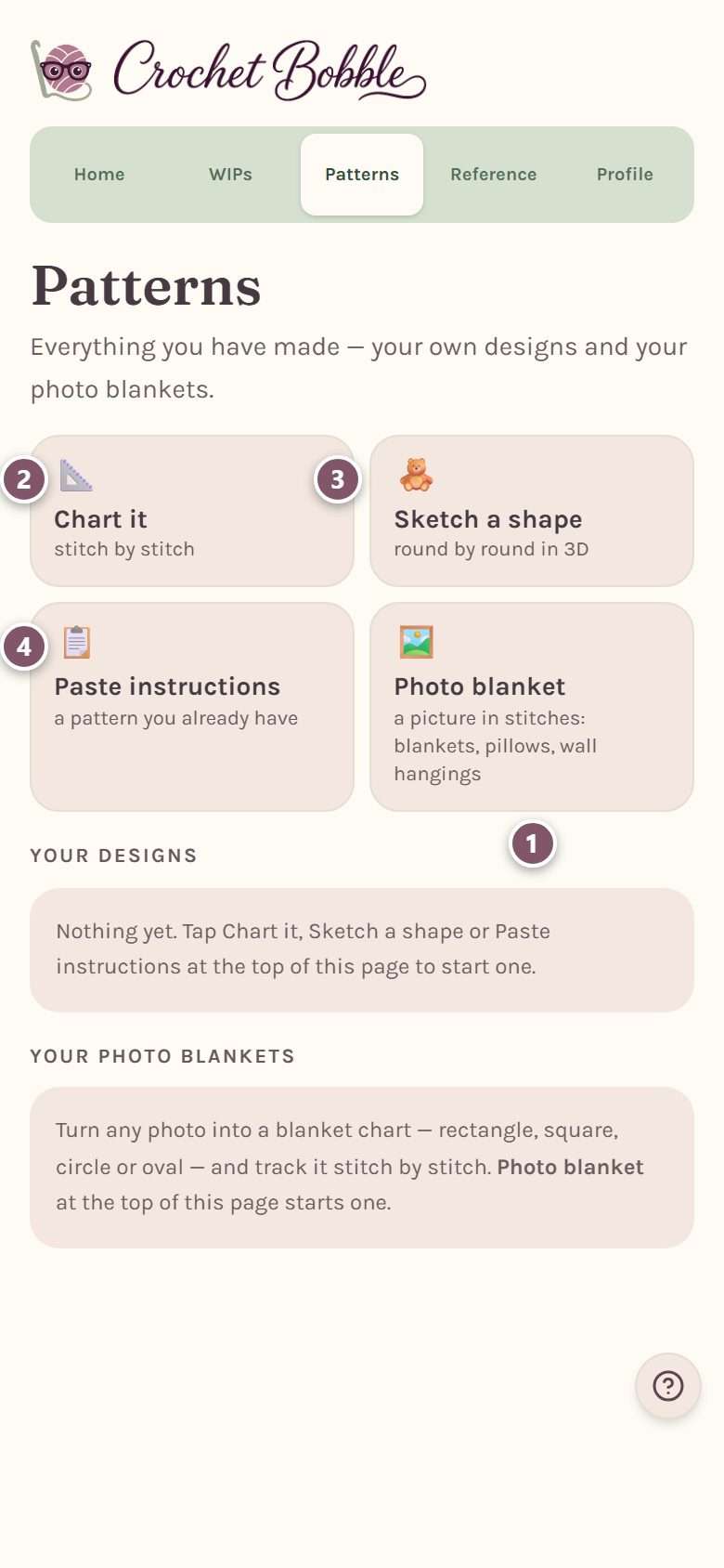 The Patterns tab: 1 Photo blanket, 2 Chart it, 3 Sketch a shape, 4 Paste instructions (on a phone)