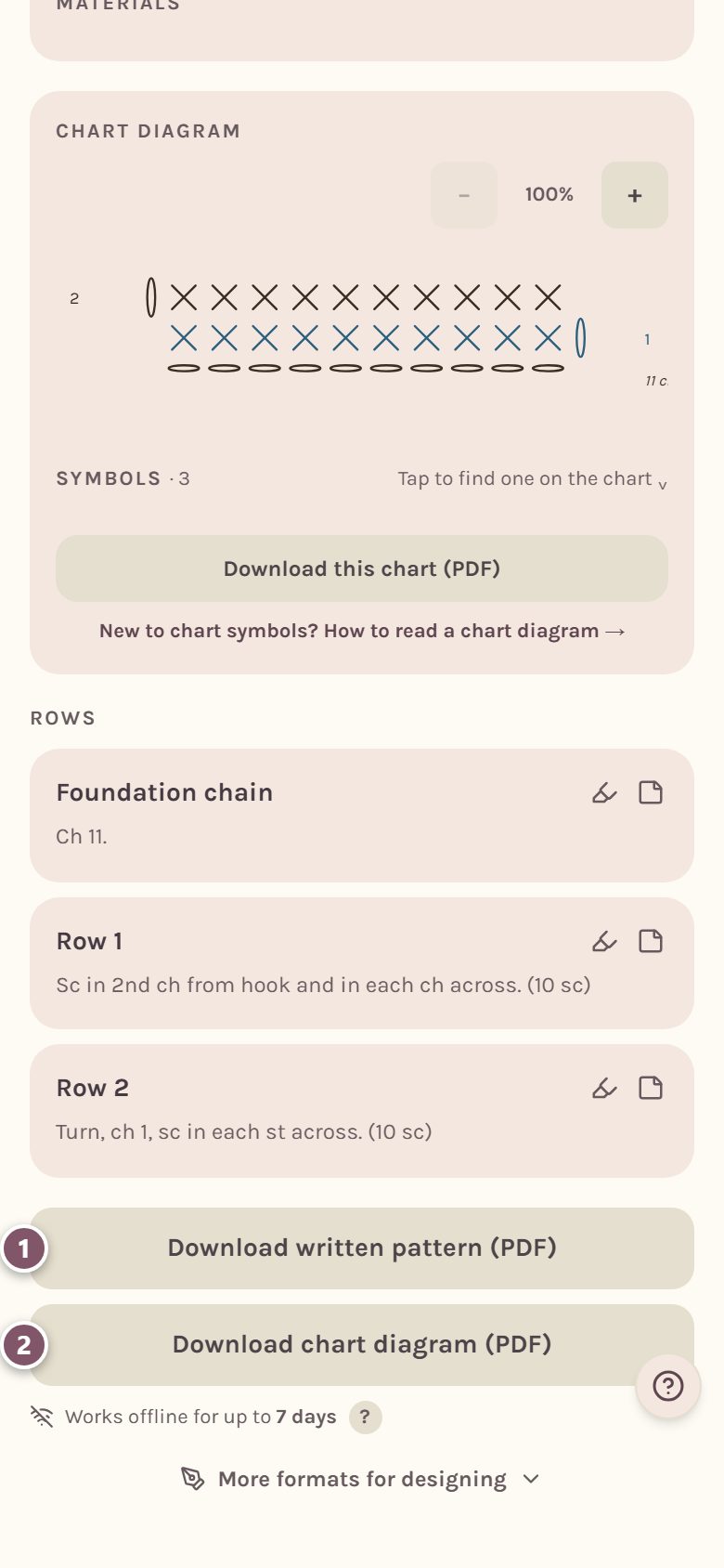 1 Download written pattern (PDF) and 2 Download chart diagram (PDF) (on a phone)