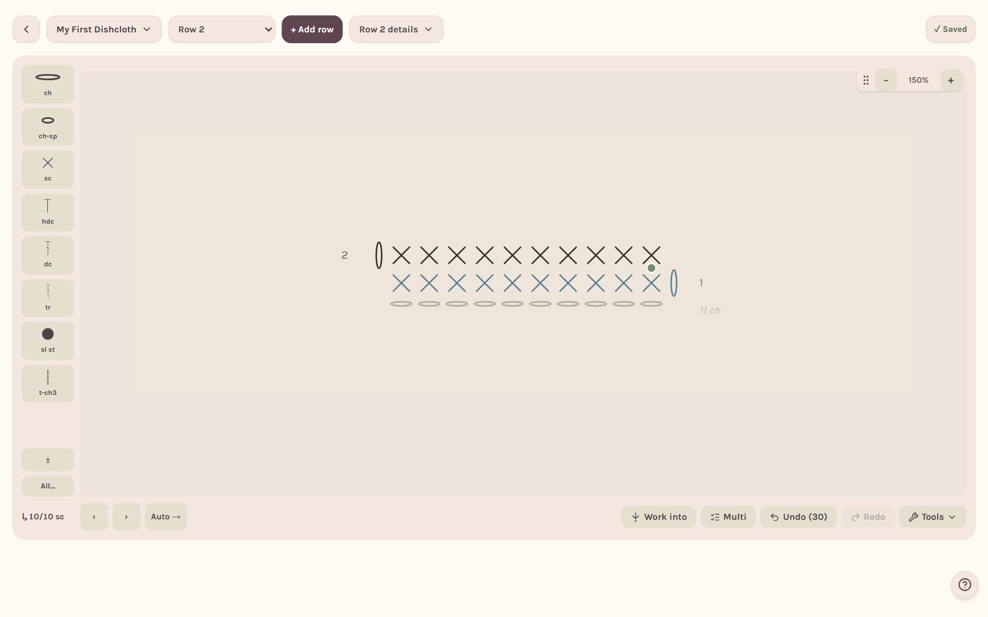 Three rows on the chart: the foundation chain, Row 1 and Row 2 (on a computer)