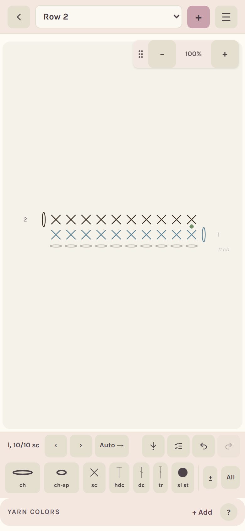 Three rows on the chart: the foundation chain, Row 1 and Row 2 (on a phone)