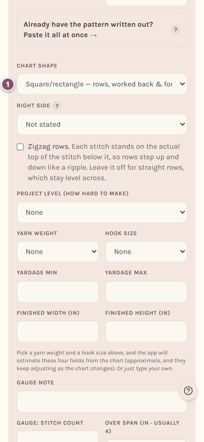 Chart shape set to Square/rectangle — rows, worked back and forth, marked 1 (on a phone)