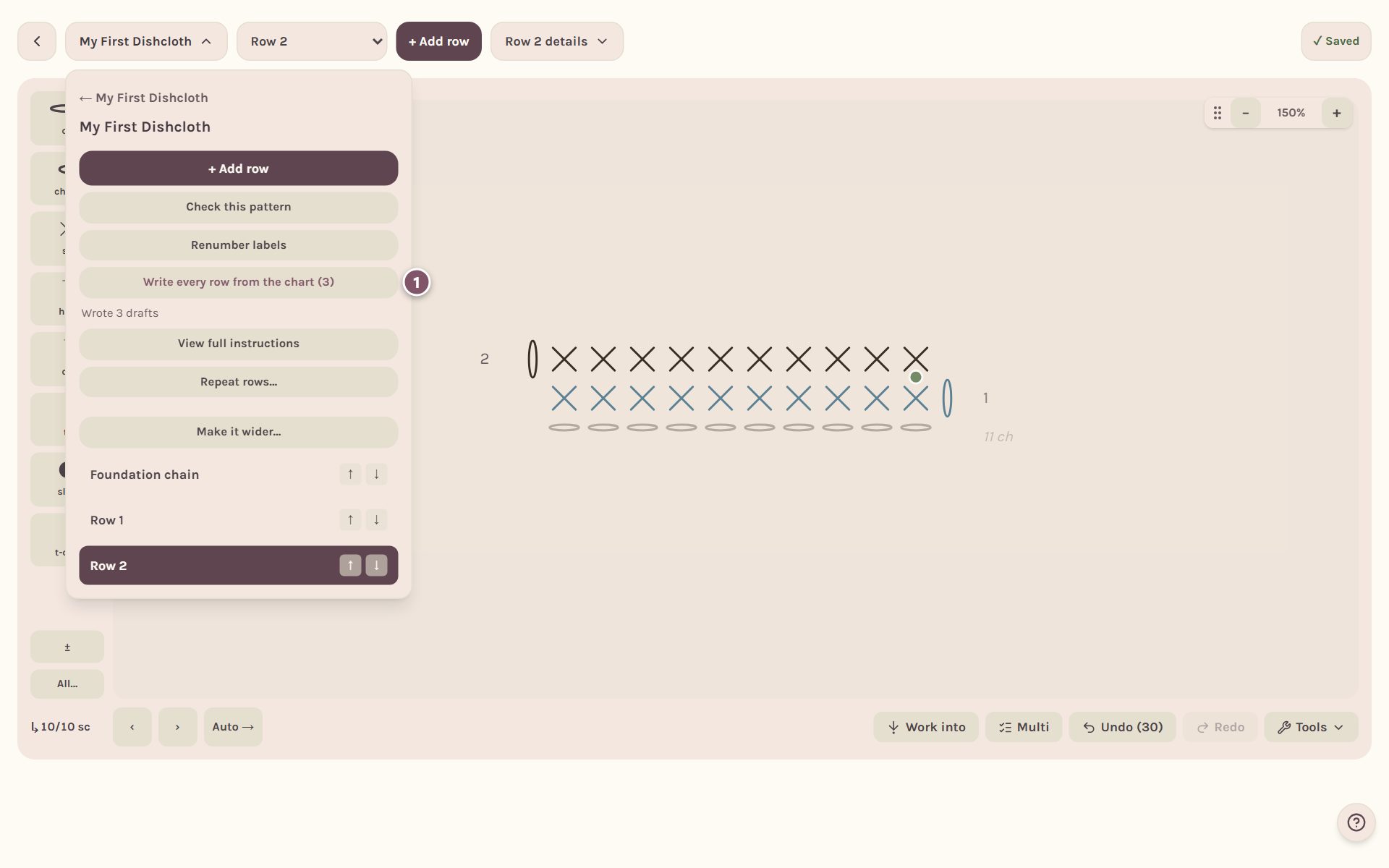 The pattern's options with Write every row from the chart marked 1 (on a computer)