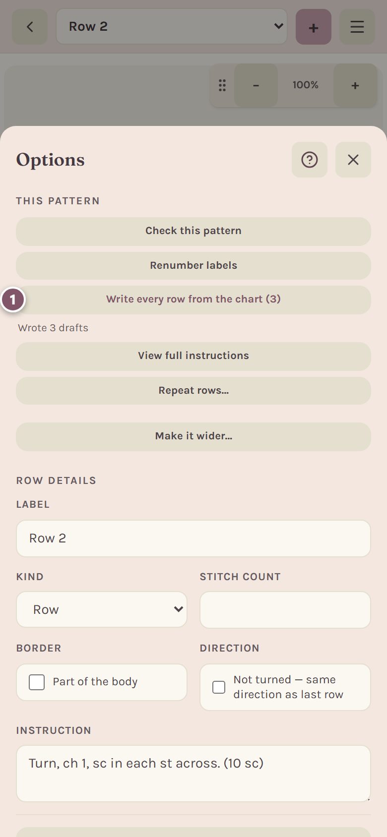 The pattern's options with Write every row from the chart marked 1 (on a phone)