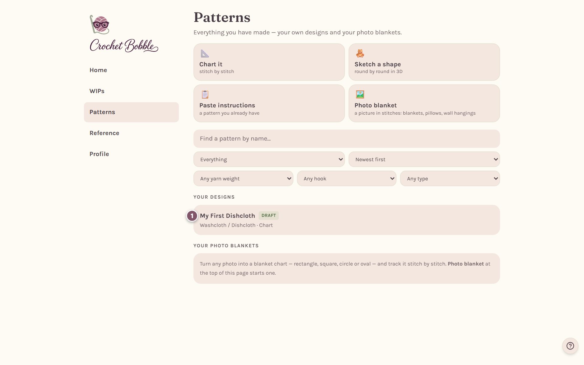 Your designs on the Patterns tab, with My First Dishcloth marked 1 (on a computer)