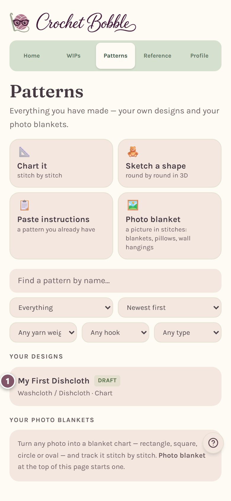 Your designs on the Patterns tab, with My First Dishcloth marked 1 (on a phone)