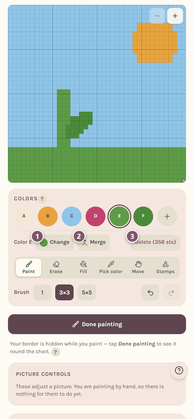 The selected color's options: 1 Change, 2 Merge, 3 Delete (on a phone)