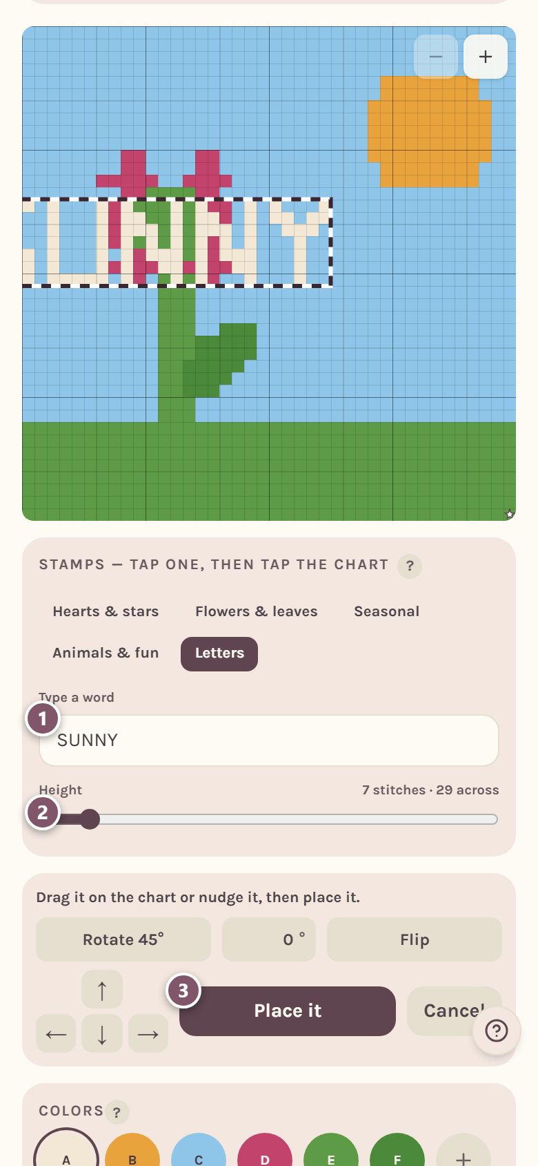 The letters tray: 1 Type a word, 2 the Height slider, 3 Place it (on a phone)