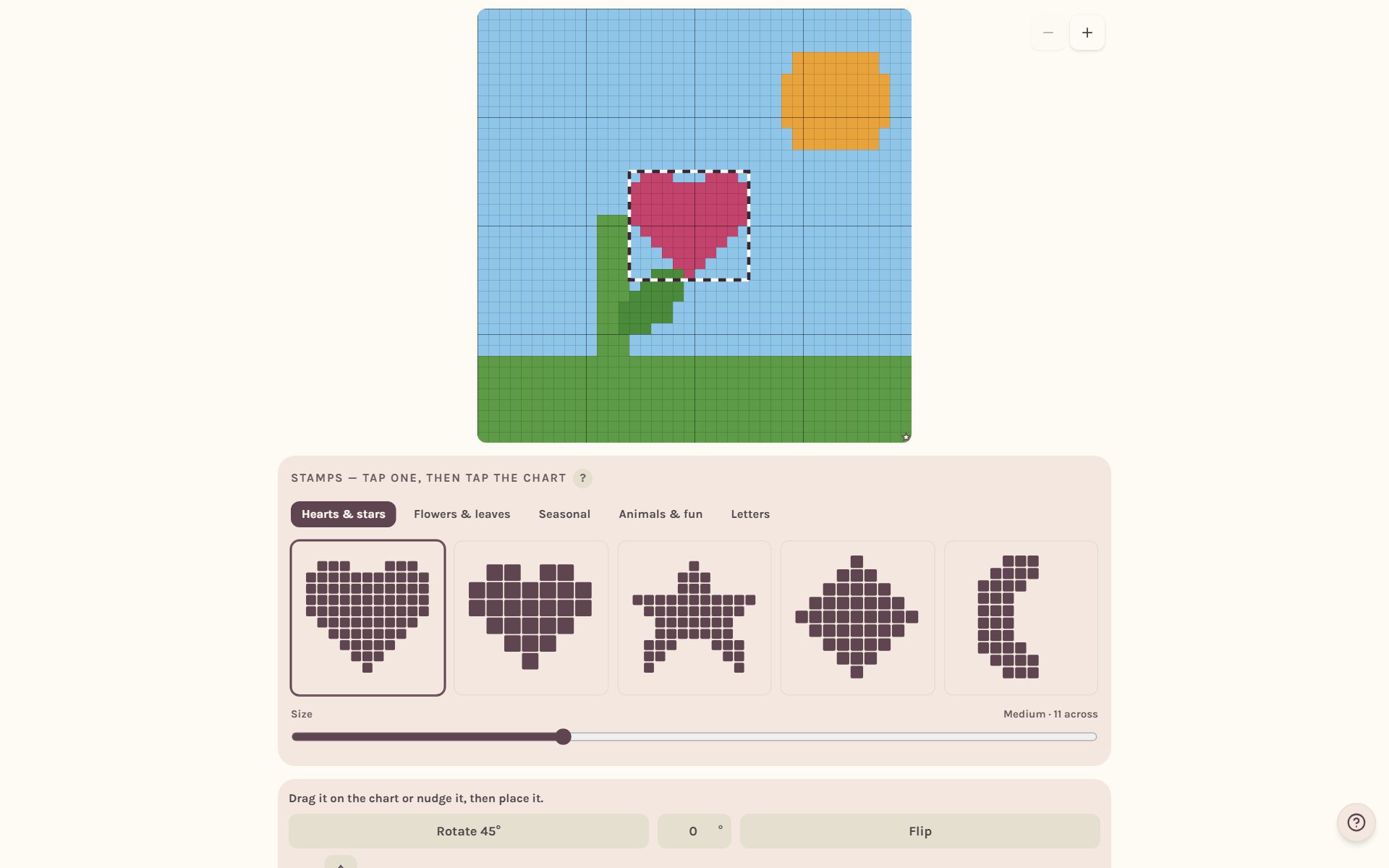 A heart stamp waiting on the chart before it is placed (on a computer)