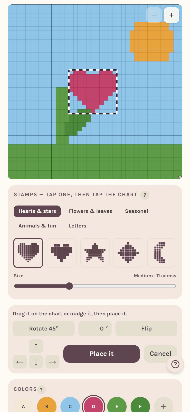 A heart stamp waiting on the chart before it is placed (on a phone)