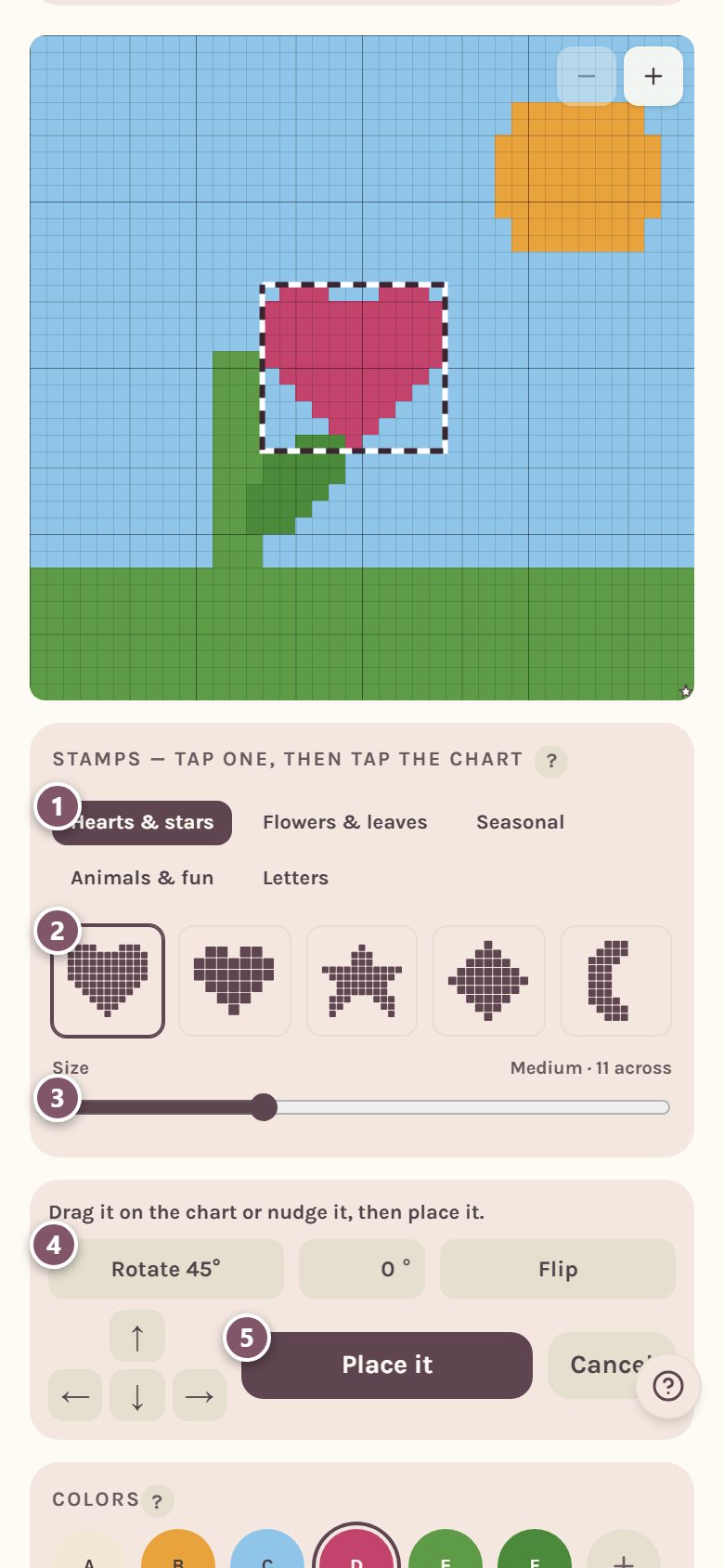 The stamp tray: 1 the groups, 2 a heart, 3 the size slider, 4 Rotate 45°, 5 Place it (on a phone)