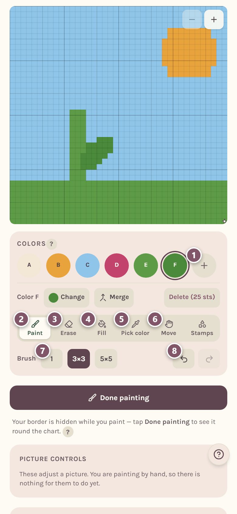 The paint tools: 1 add a color, 2 Paint, 3 Erase, 4 Fill, 5 Pick color, 6 Move, 7 brush sizes, 8 Undo (on a phone)