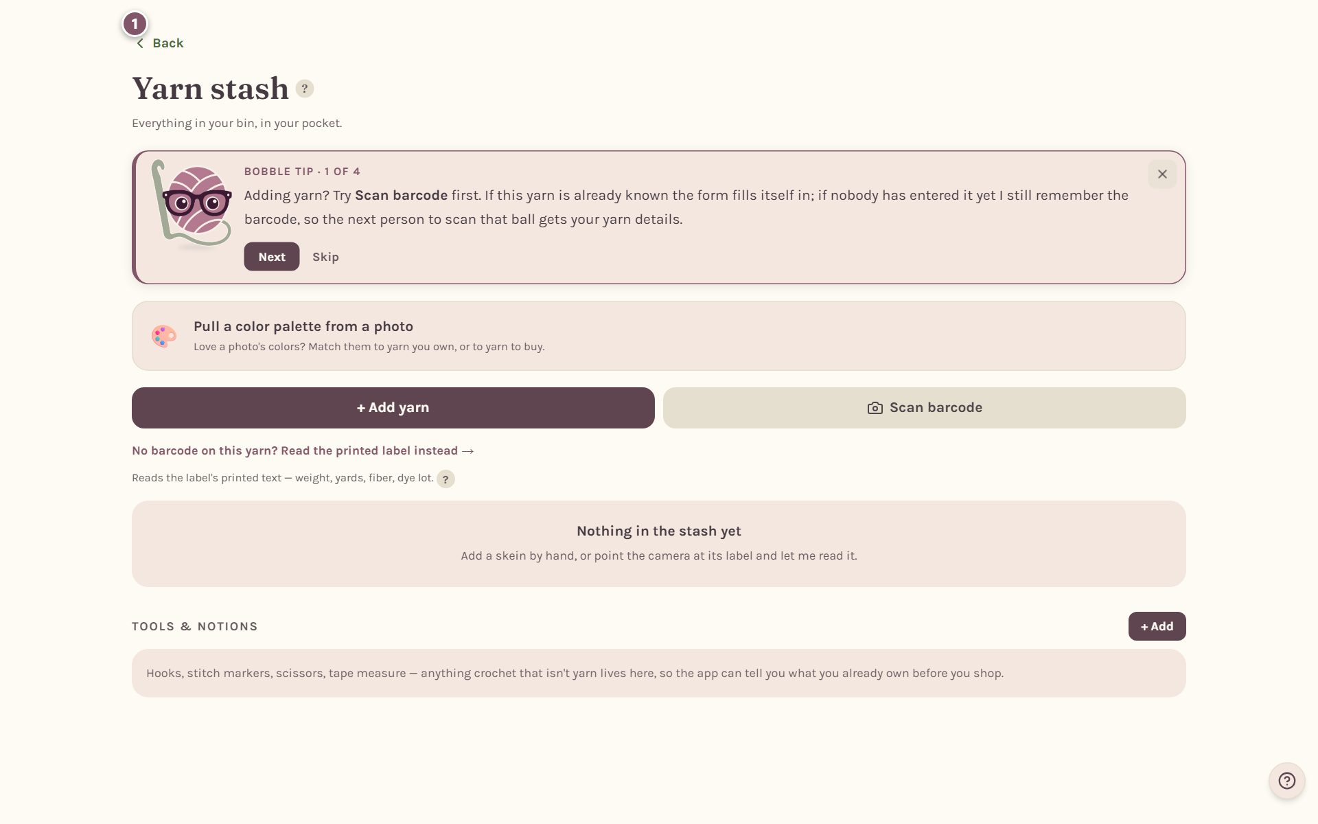 The Back button at the top of the stash page, marked 1 (on a computer)