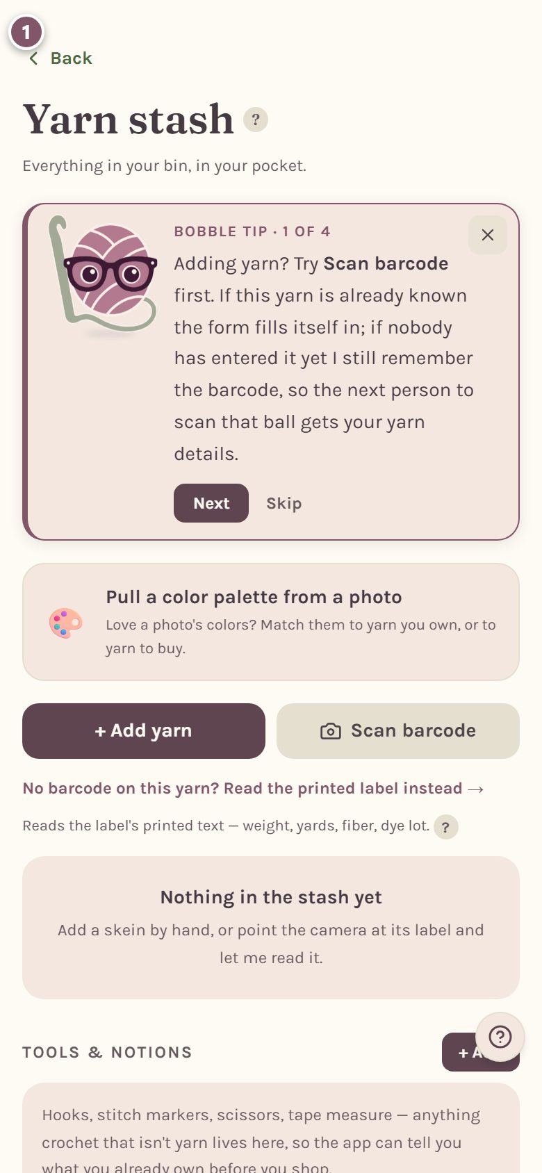 The Back button at the top of the stash page, marked 1 (on a phone)