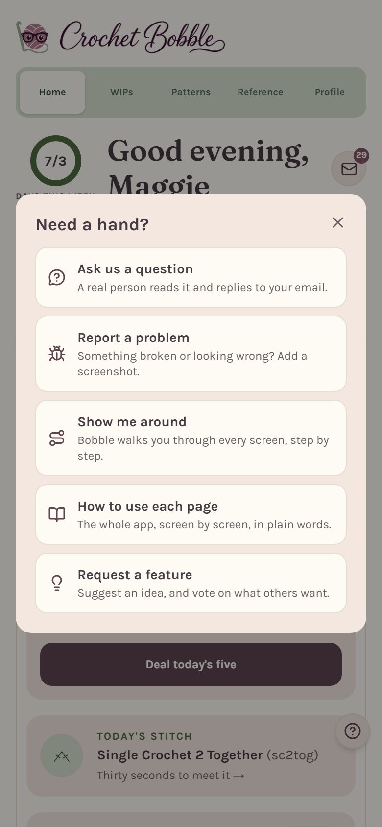 The Need a hand? menu: ask a question, report a problem, show me around, how to use each page, and request a feature (on a phone)
